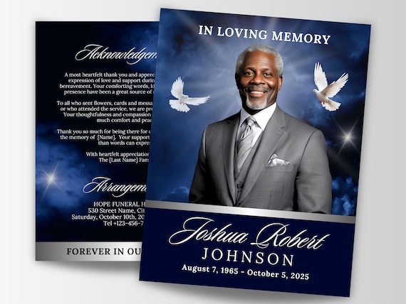 8 Page Blue Sky Funeral Memorial Template, 8.5x11 Elegant Obituary Program, Bi-Fold Funeral Program, Celebration of Life Brochure, Canva