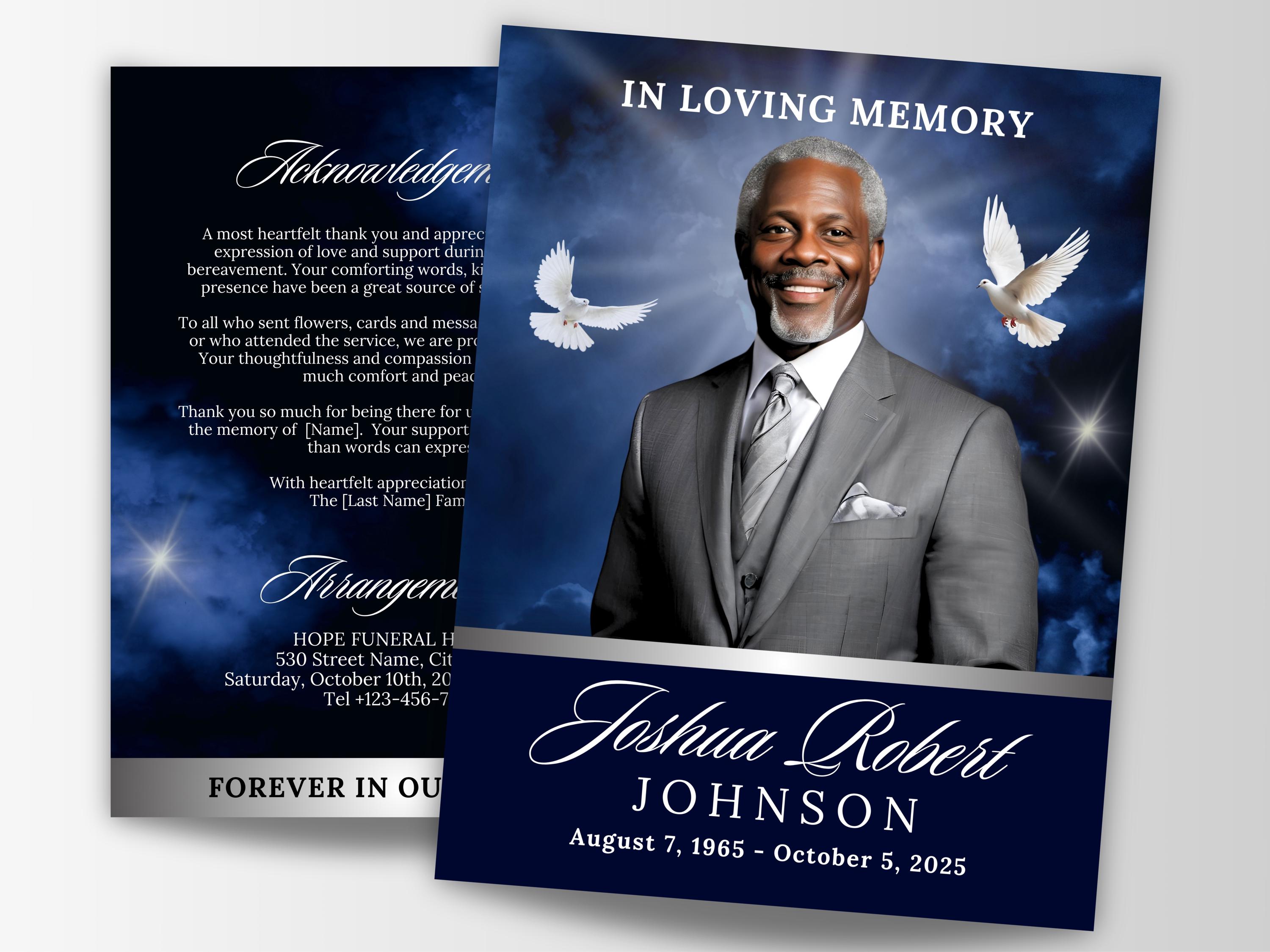 8 Page Blue Sky Funeral Memorial Template, 8.5x11 Elegant Obituary 8 Page Blue Sky Funeral Memorial Template, 8.5x11 Elegant Obituary