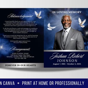 May include: A blue and white funeral announcement with a photo of a man in a suit. The announcement includes the name Joshua Robert Johnson, the dates August 7, 1965 - October 5, 2025, and the text "In Loving Memory".