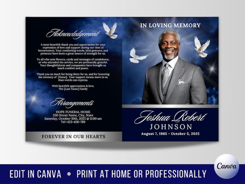 May include: A blue and white funeral announcement with a photo of a man in a suit. The announcement includes the name Joshua Robert Johnson, the dates August 7, 1965 - October 5, 2025, and the text "In Loving Memory".