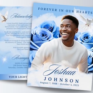 4 Page Blue Obituary Program, 8.5x11 Bi-Fold Funeral Program, 11x17 Tabloid, Memorial Flyer, Celebration of Life Template, Canva Template