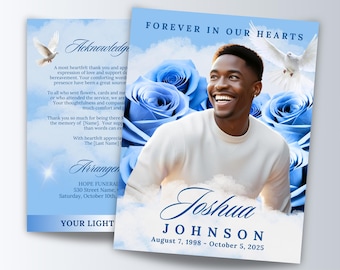May include: A memorial card with a portrait of a smiling man, surrounded by blue roses and clouds. The text reads "Forever in Our Hearts" and includes the name "Joshua Johnson" and dates. A dove is also featured.