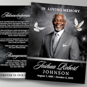 8 Page Black Silver Funeral Memorial Template, 8.5x11&quot; Elegant Black Obituary Program, Bi-Fold Funeral Program, Celebration of Life, Canva