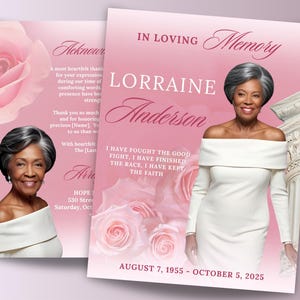 8 Page Pink Rose Funeral Program Template, 17" x 11" Memorial Template, In Loving Memory Obituary Program, Celebration of Life, Canva