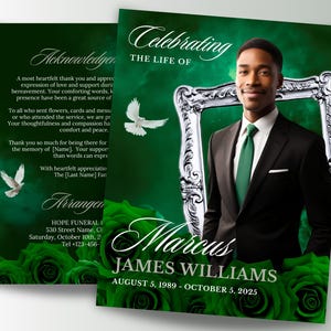 May include: A memorial card with a green background, featuring a photo of a man in a black suit and green tie. The card includes text that reads "Celebrating the Life of Marcus James Williams, August 5, 1989 - October 5, 2025."