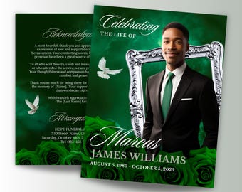 8-Page Emerald Green Memorial Program Template, 17"x11" Funeral Program, In Loving Memory Bifold, Celebration of Life, Canva