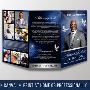 May include: A navy blue trifold memorial card with photos, text, and a portrait of a man in a suit. The card includes the text "In Loving Memory" and "Forever in Our Hearts."