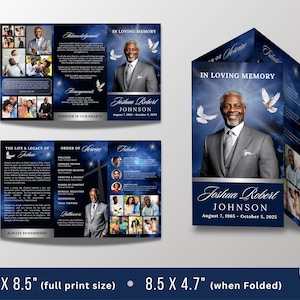 May include: A memorial service program with a navy blue background and a portrait of Joshua Robert Johnson. The program includes photos, text, and the dates August 7, 1965 - October 5, 2025. The full print size is 14" x 8.5", and when folded, it is 8.5" x 4.7".