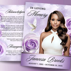 Pode incluir: Cartão de memória com um retrato de uma mulher em um vestido branco, em um fundo de rosas roxas e uma pomba. Inclui o texto "In Loving Memory" e o nome "Jancesa Brooks".