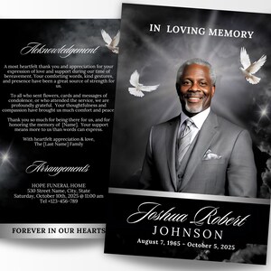 May include: A memorial card with a portrait of a smiling Black man in a gray suit, with the text "In Loving Memory." The card includes text about acknowledgements and arrangements, with the name Joshua Robert Johnson and dates.