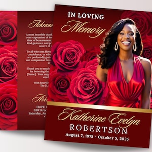 8 Pages Roses Obituary Program, 17x11 Funeral Program, 8.5x11 Memorial Celebration of Life Booklet, Gold Red Roses, Funeral Template, Canva
