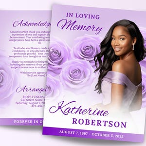8 Page Purple Lilac Roses Funeral Program Template, 17&quot;x11&quot;, Elegant Obituary Program, 8.5&quot;x11&quot; BOOKLET, Celebration of Life Brochure, Canva