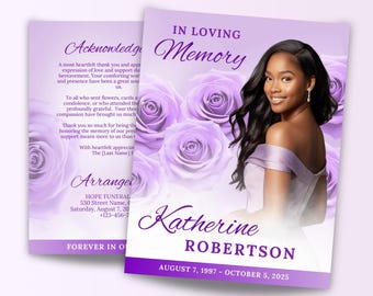 May include: Purple and white memorial card with a photo of a woman and the text "In Loving Memory Katherine Robertson August 7, 1997 - October 5, 2025"
