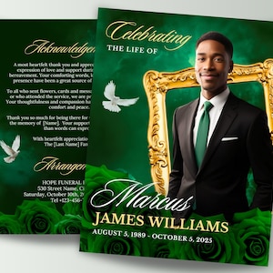 Peut inclure: Annonce de funérailles verte et dorée avec une photo d'un homme en costume. L'annonce indique "Célébration de la vie de Marcus James Williams 5 août 1989 - 5 octobre 2025".
