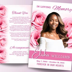 Pink Roses Funeral Program Template, 8.5&quot; x 11&quot; Obituary Program, 8 Pages, In Loving Memory, Celebration of Life Booklet, Memorial Bifold