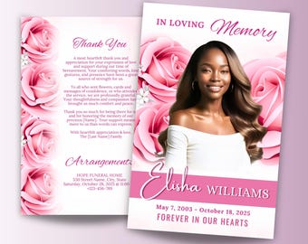 Puede incluir: Una tarjeta conmemorativa con una foto de una mujer, rodeada de rosas rosas. La tarjeta incluye el texto "In Loving Memory" y el nombre "Elisha Williams" con fechas. También hay un mensaje de "Gracias".