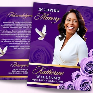 8 Pages Purple Roses Memorial Program, 17&quot; x 11&quot; Funeral Program Template, 8.5&quot;x11&quot; Bi-Fold, In Loving Memory, Celebration of Life, Canva