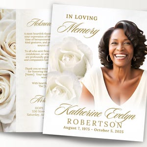 8 Page White Roses Funeral Program Template, 17"x11", Elegant Obituary Program, 8.5x11" BOOKLET, Classic Celebration of Life Brochure, Canva