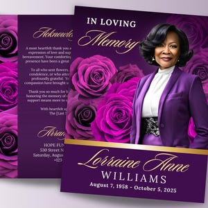 8 Page Purple Roses Funeral Program, 8.5&quot;x11&quot; Purple Celebration of Life Obituary Program, Elegant Memorial Program BOOKLET, Canva Template