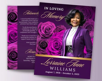 8 Page Purple Roses Funeral Program, 8.5"x11" Purple Celebration of Life Obituary Program, Elegant Memorial Program BOOKLET, Canva Template