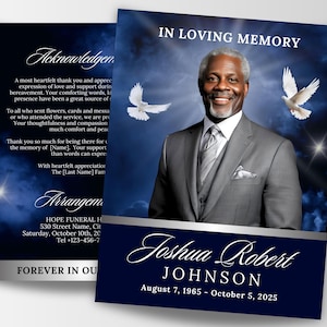 May include: A blue and silver funeral announcement card with a photo of a man in a suit. The card has a dove and stars on a cloudy background. The text reads "In Loving Memory, Joshua Robert Johnson, August 7, 1965 - October 5, 2025".