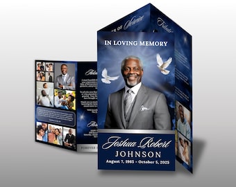 Blue Silver Funeral Program Template, Obituary Program, Memorial Brochure, Trifold Funeral Flyer, Classic Celebration of Life, Canva