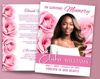 Pink Roses Funeral Program, 17&quot; x 11&quot; Funeral Template, 8 Page In Loving Memory, Obituary Program, Celebration of Life Memorial Program