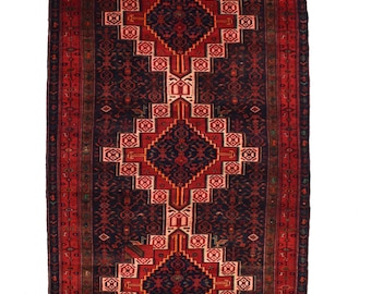 5x11 Handmade Turkish Vintage Rug Hand Knotted Oriental Rug Low Pile Geometric Red Wool Area Rug for Bedroom & Living Room From 1970
