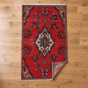 3x6 Handmade Turkish Vintage Rug Hand Knotted Oriental Rug Low Pile Geometric Red Wool Area Rug for Bedroom & Living Room From 1970