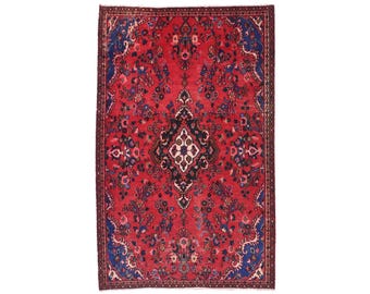 Tapis turc vintage 5x8 fait main, noué à la main, tapis oriental ancien à poils courts, motif floral rouge, en laine, pour chambre et salon, datant des années 1980.