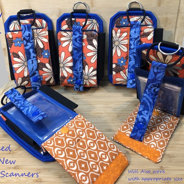 Scanner/Phone Holder with belt clip, id holder, velcro, elastic pen holder and snap.  Designed to fit new postal scanners. (Orange-Flower)