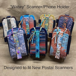 Scanner/Phone Holder, designed to fit new Postal Scanners with &quot;style 2&quot; belt clip, ID holder, pen holder, hook and loop, elastic, and snap.
