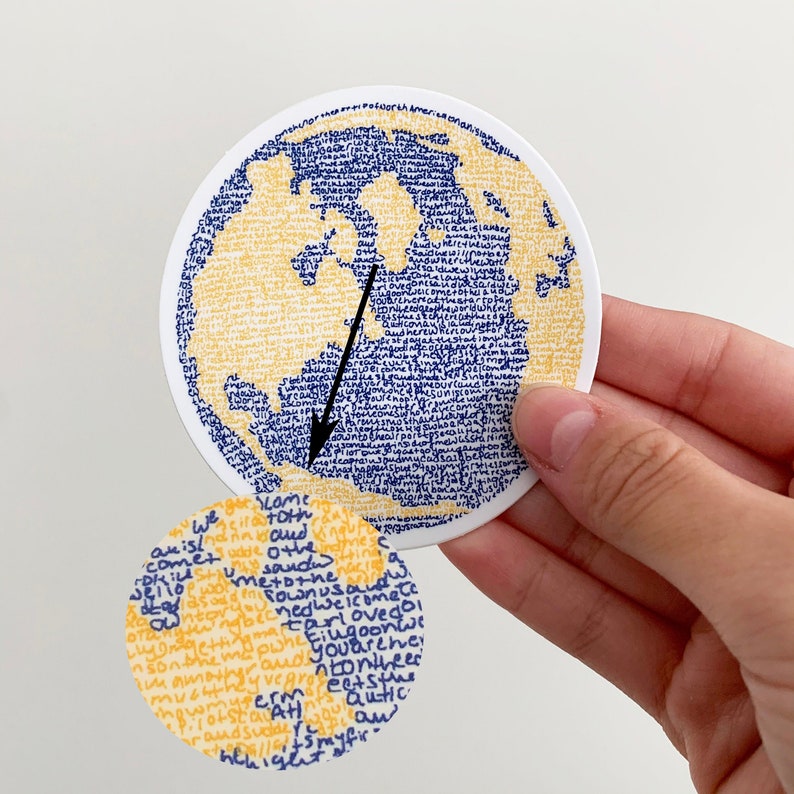 May include: Two round stickers with a blue and yellow design. The larger sticker features a world map with the continents outlined in yellow and the oceans in blue. The smaller sticker features a close-up of the North American continent with the text "Lander" written in blue.