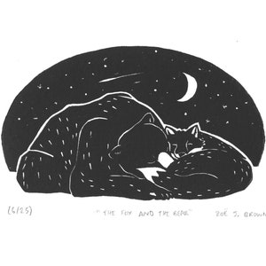 El zorro y el oso / Arte mural en linóleo Amigos Amor Animales Abrazos Abrazos San Valentín Linograbado original hecho a mano Edición limitada