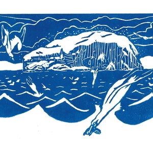 Bass Rock Blue Linocut Print: North Berwick Scotland Seascape Art, Limited Edition
