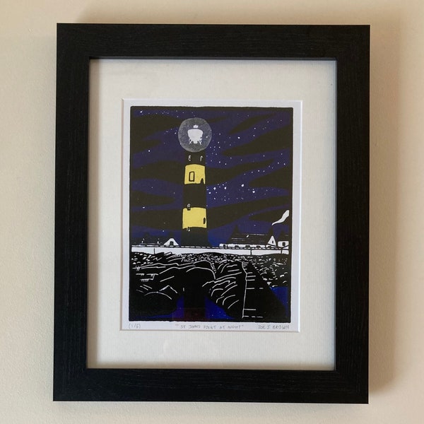 St John's Point Lighthouse at Night, County Down | Original linocut print | Limited edition of 6