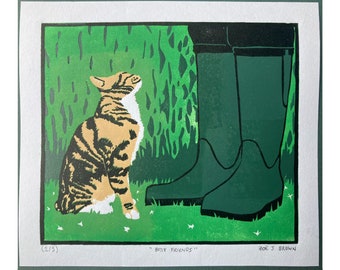 Best Friends - Linocut | Original hand pulled reduction linoprint Cat Garden Wellies | Limited edition