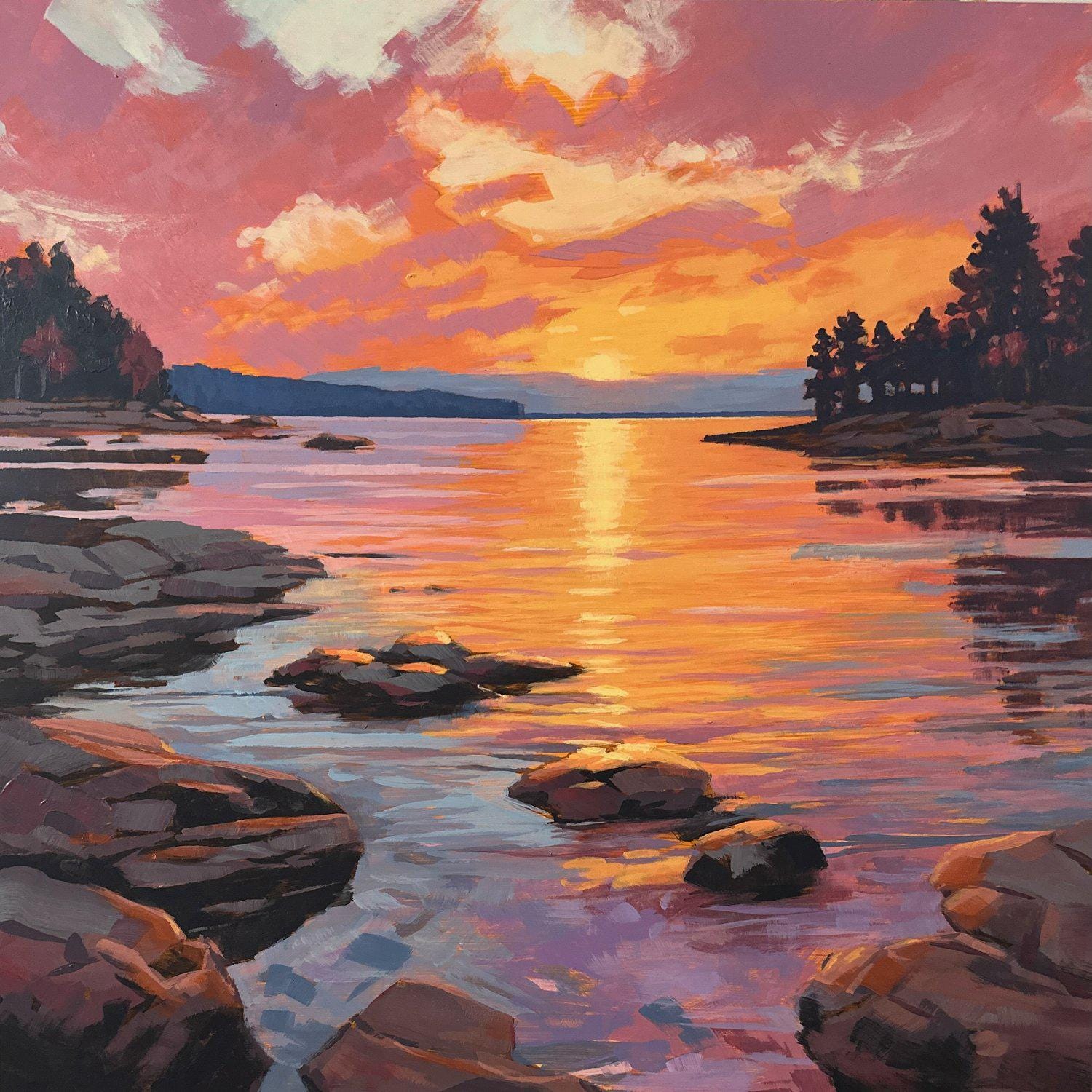 Northwoods Sunset | Square Landscape Mounted Print, Lake Sunset