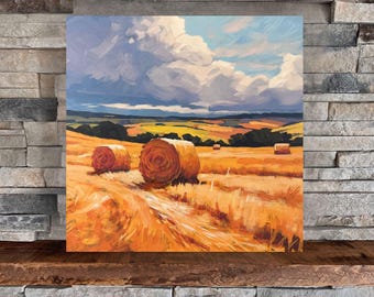 Golden Hay Bales | Square Landscape Mounted Print, Midwest Country Landscape Painting | Jim Musil Painter