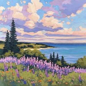 May include: An impressionistic landscape painting depicts a coastal scene with a vibrant sky filled with pink and blue clouds. Lush green hills meet a turquoise sea, with purple wildflowers in the foreground. Tall evergreen trees add vertical interest to the composition.