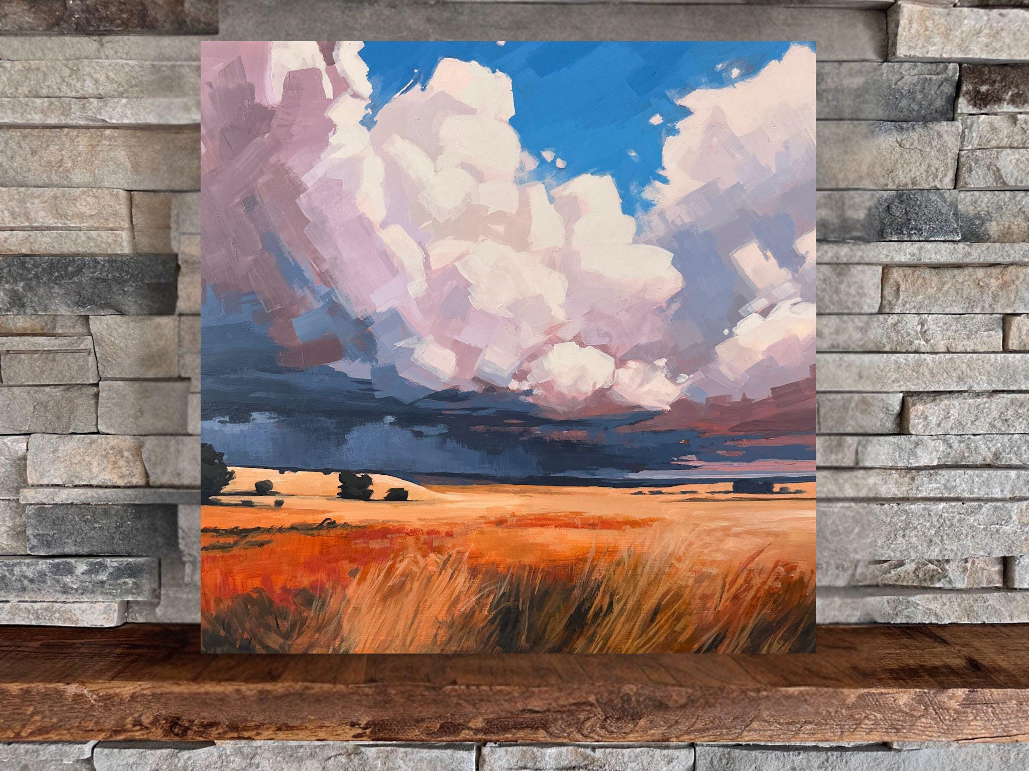 絵画 マーティン・ブルーク Approaching Storm | Square Landscape Mounted Print, Cloudy Fields