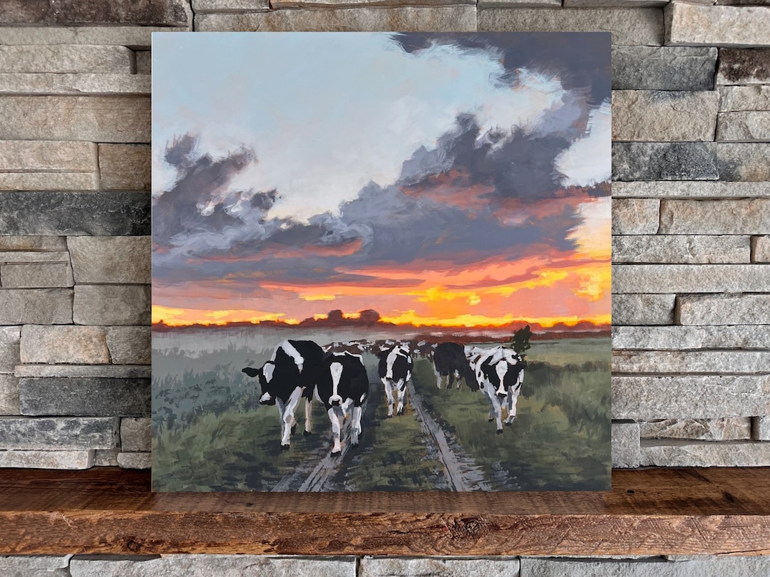 Dairy Cows | Square Landscape Mounted Print, Sunset Cows Colorful