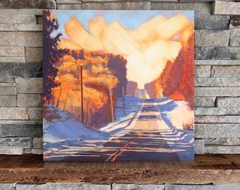 County Road in February | Square Landscape Mounted Print, County Road Colorful Landscape Painting | Jim Musil Painter