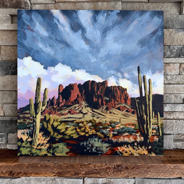 Superstition Mountains | Square Landscape Mounted Print, Desert Cactus Colorful Landscape Painting | Jim Musil Painter