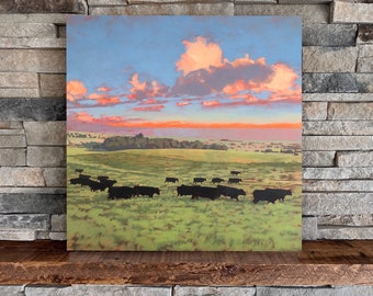Cattle Coming Home | Square Landscape Mounted Print, Cow Fields Colorful Landscape Painting | Jim Musil Painter