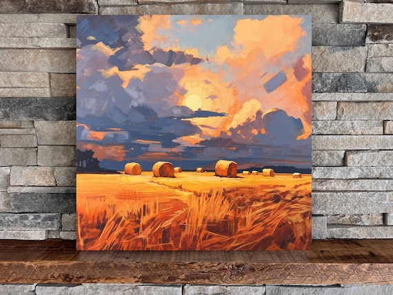 Sunlit Haybales | Square Landscape Mounted Print, Field Skies