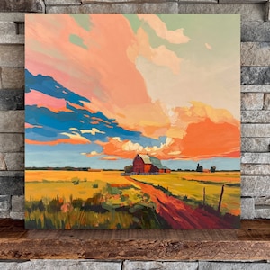 Wisconsin Farm | Square Landscape Mounted Print, Farmland Skies Colorful Landscape Painting | Jim Musil Painter