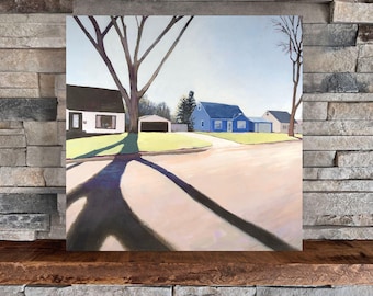 Strada in primavera / Stampa montata su paesaggio quadrato, dipinto di paesaggio colorato di una casa di periferia / Jim Musil Painter