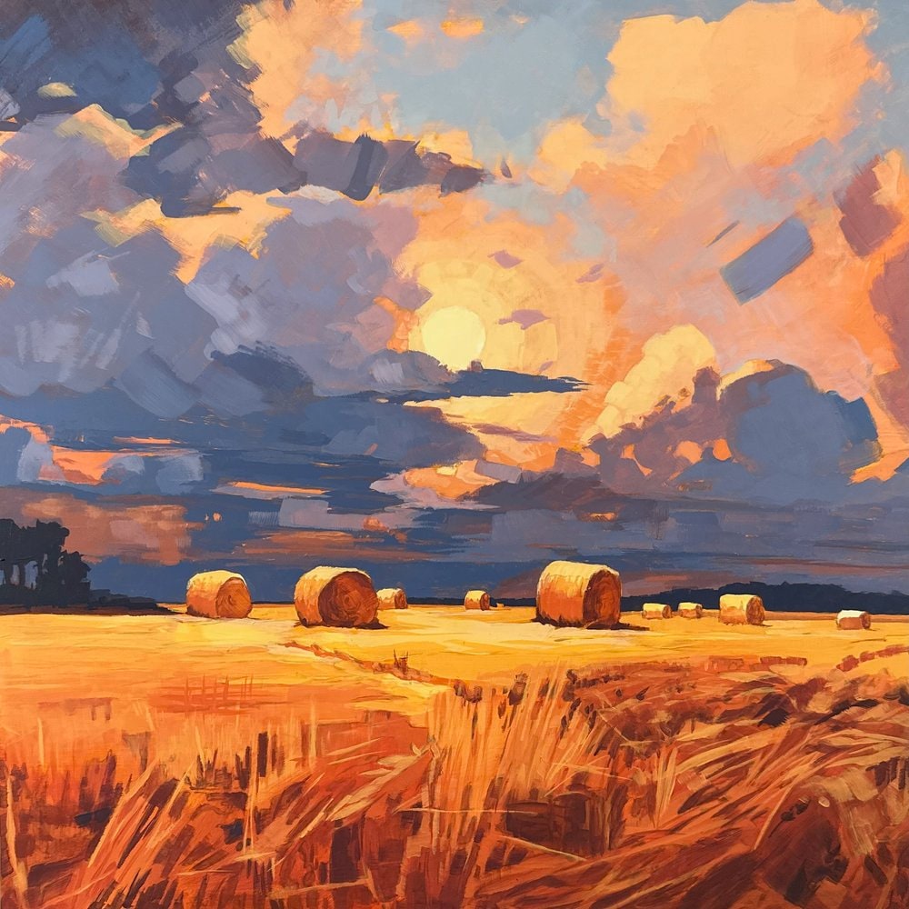 Sunlit Haybales | Square Landscape Mounted Print, Field Skies