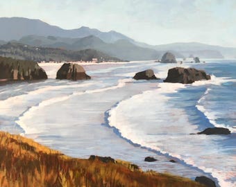 May include: A painting of a seascape with a rocky coastline and a distant mountain range. The ocean is a light blue color with white waves crashing on the shore. The sky is a light blue color with a few white clouds.